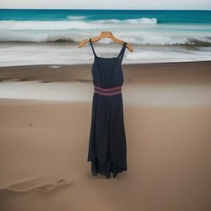 Paper Doll Dress Junior 16 Navy Sundress Shirring Waist Multi-colored Tread Maxi